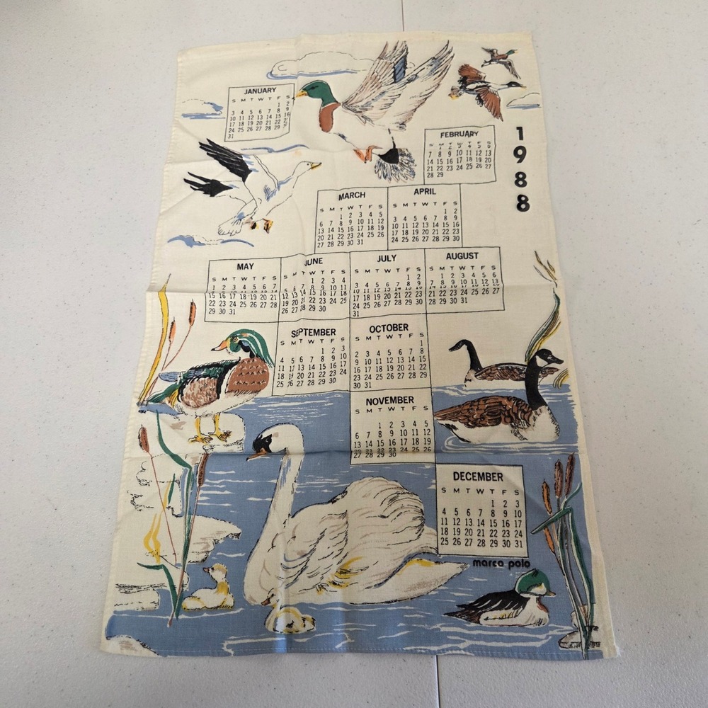 Vintage 1988 Marco Polo Waterfowl Duck Swan Calendar Tea Towel Kitchen Linen